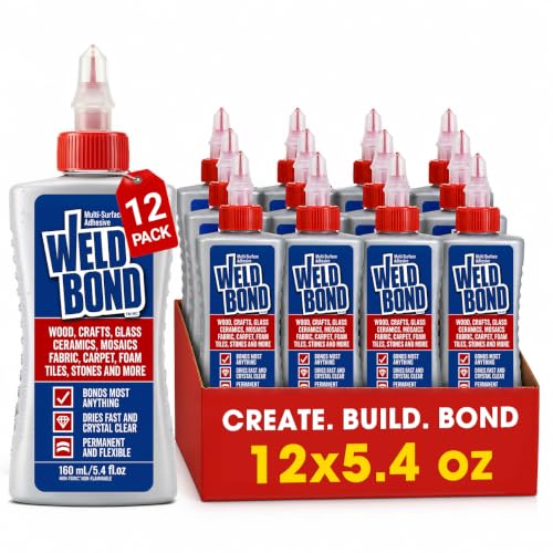 Image of Weldbond Multi-Surface Strong Glue - Fast Drying Glue for Wood, Tile, Ceramic, Pottery, Glass, Metal & More - Heavy Duty Adhesive for Mosaic, Crafts, Wood Working & Repairs - 5.4oz (160ml), 12 Pack | Non Toxic Glue Dries Crystal Clear Heavy Duty Adhesive Glue for Craft, Ceramic, Wood Working, Glass, Porcelain, Tile and more