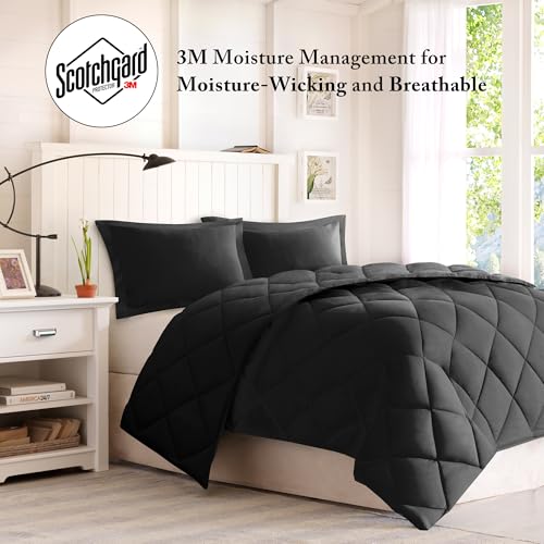 Image of Madison Park Comforter Set, Reversible Down Alternative All Season Microfiber Bedding, 3M Scotchgard Stain Release, King Dorm Comforter, Black /Black