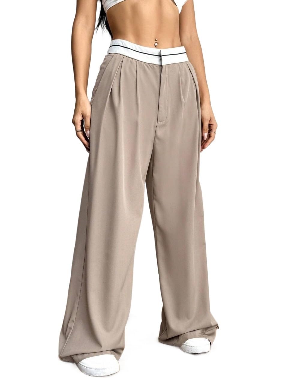 Womens Fall Color Pocket Casual Suit Wide-Leg Pants Trousers Beige