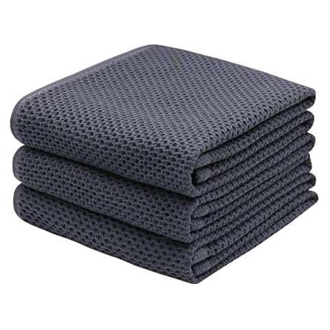 Mia'sDream Cotton Kitchen Towels and Dish Cloths Sets, Waffle Weave Dish Towels for Kitchen Drying Dishes, Soft and Absorbent Kitchen Hand Towels Washcloths, 13inch x 28inch 3 Pack (Dark Gray) Cover