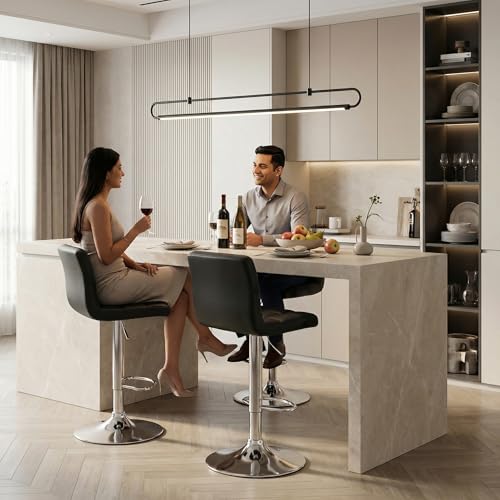 Image of Decor & More - Modern Height Adjustable Bar Chairs for Home | 360 Degree Swivel Seat Top | Bar Chair for Home Kitchen with Footrest | Set of 2 (Metal) - Black