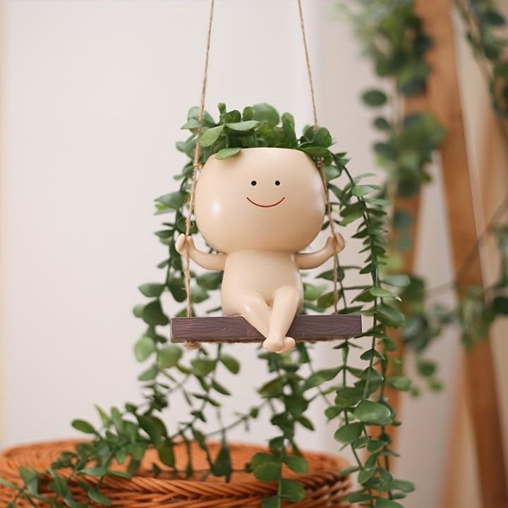Image of Pottery Swing Hanging Face Planter Pots for Indoor Outdoor Plants, Cute Swinging Flower Pots Succulent Plant's for String of Pearls