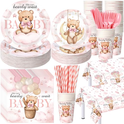 Image of Funnymoom 452 Pcs 50 Guests We Can Bearly Wait Baby Shower Decorations Girl, Blue Baby Girl Shower Paper Plates Napkins Cups Tablecloth Cutlery Straws Tableware Set for Gender Reveal Party Supplies