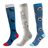 Funny Compression Socks for Women&Men Circulation 20-30 mmHg Animal Socks for Running Flight Travel Nurses Pregnant 3 Pairs (Cat/Shark/Owl)