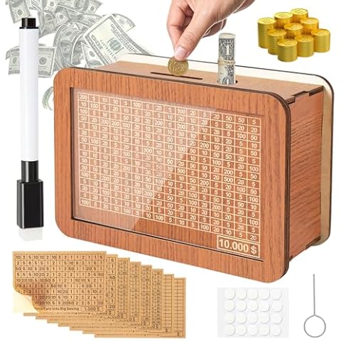 Ponpon Money Saving Box, Cash Vault Wooden Savings Box 10,000 Dollar, Cash Saver Box Money Save Box with Money Target and Numbers Cover