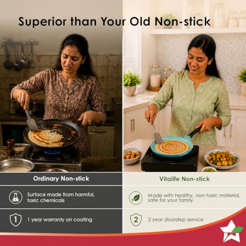Image of Wonderchef Vitalife Non-Stick Dosa Tawa for Kitchen, 28cm, Non-Toxic Coating, PFOA-Free, Cool-Touch Handles, Scratch-Resistant, Gas & Induction Compatible, 2-Yr Warranty, Teal Green