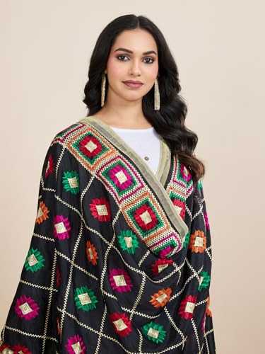 Women's Chinnon Silk Aari Embroided Phulkari Dupatta, Chunni2