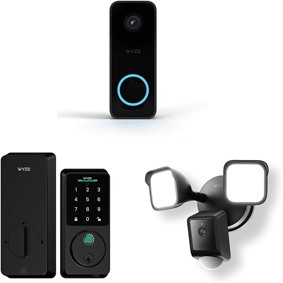 Bundle of WYZE Wired Doorbell Camera v2 + Wyze Auto-Lock Bolt v2 + WYZE Floodlight Camera v2, 2K Security Video Doorbell, Color Night Vision, 2-Way Audio, Package Monitor