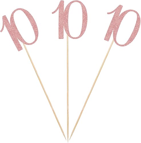 Miniatura 1 de Palitos de centro de mesa de cumpleaños con purpurina número 10, paquete de 12 decoraciones de fiesta de aniversario de oro rosa