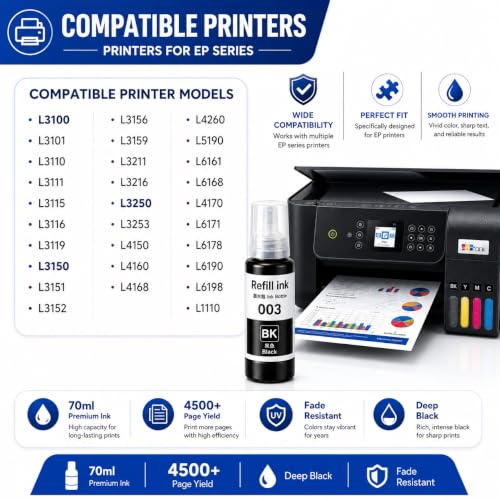 Image of ROHINK 003 Compatible Refill Ink for Epson L3110, L3150, L3250, L3252, L3115, L3116, L3101, L3210, L3215, L3216, L3151, L3152, L3156, L5190 Printers(003 Black Pack 3)