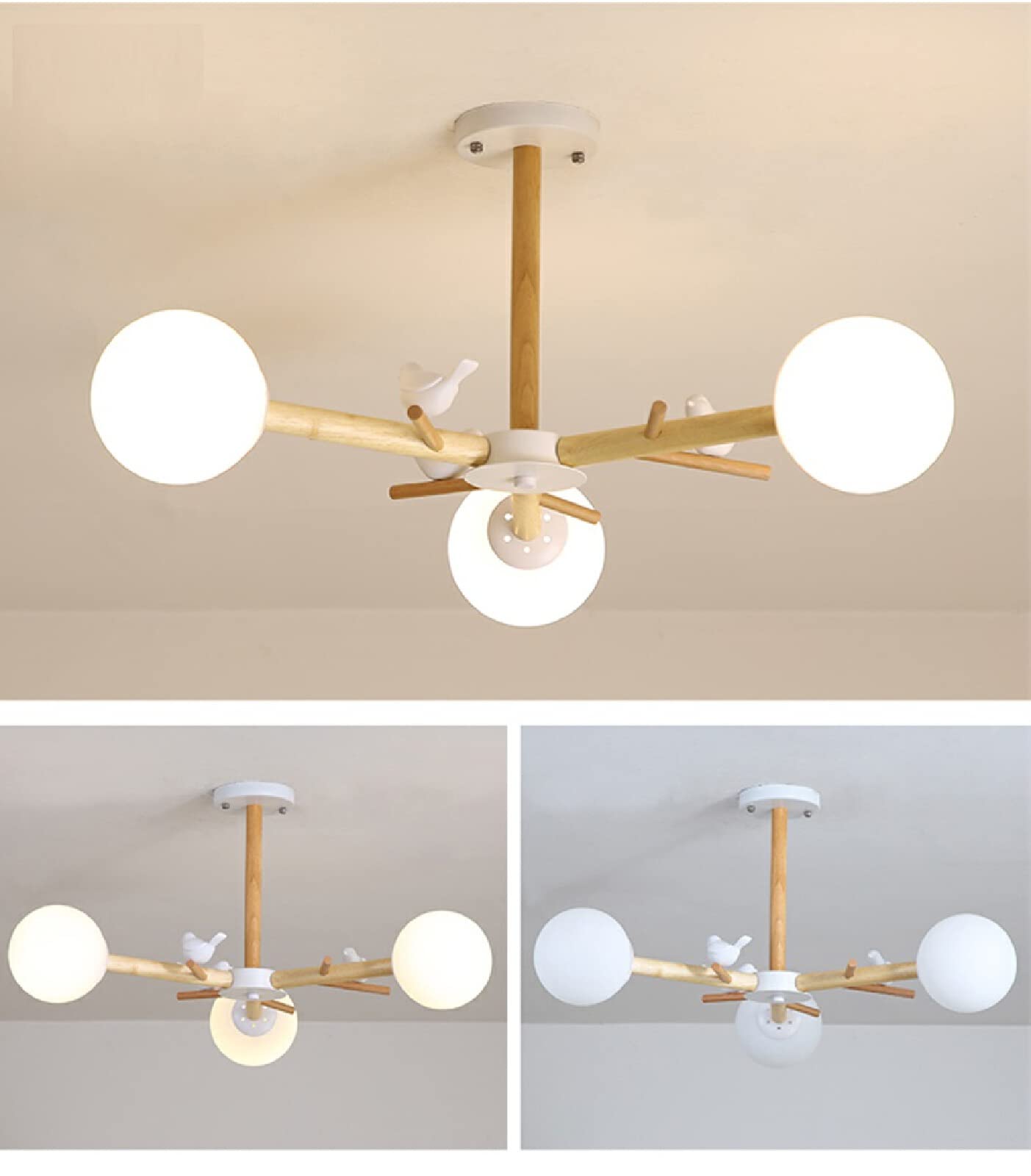 Lustre LED pour éclairer une entrée sombre avec suspension en bois et fer blanc