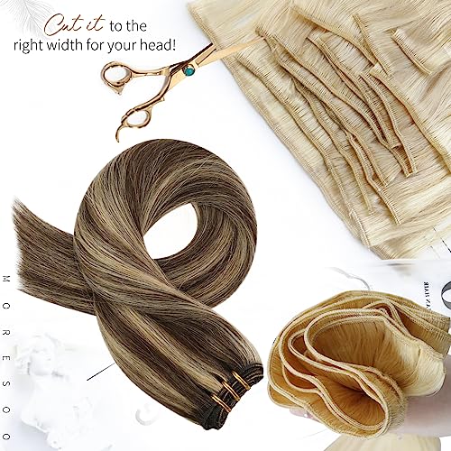 Moresoo Weft Extensiones Cabello Humano Doble Trama 14 Pulgadas Marrón Oscuro Mezcla Rubio Fresa 100g Paquete Look Natural Volumen Extra Fácil Colocación Uso Diario Bodas Fiestas #P4/27 - Image 4