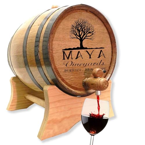 Personalized 10 Liter Oak Wine Barrel (2.5 gallon) with Stand, Bung, and Spigot | Age Cocktails, Bourbon, Whiskey, Beer and More! | Laser Engraved Vineyards Design (B331)