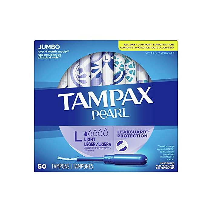 Tampax Pearl Tampons Light Absorbency with BPA-Free Plastic Applicator and LeakGuard Braid, Unscented, 50 Count