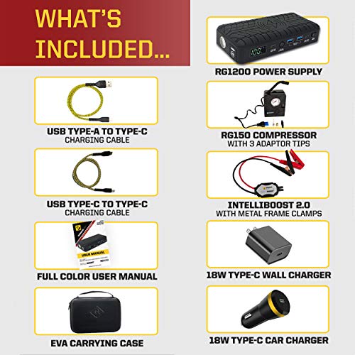 RUGGED GEEK RG1200 Safety Plus 1200A Portable Car Jump Starter with Wireless Charging, Type-C Ports and 12V Air Compressor/Pump. LED Display, INTELLIBOOST 2.0 Safety Cables, LED Flashlight, USB Ports.