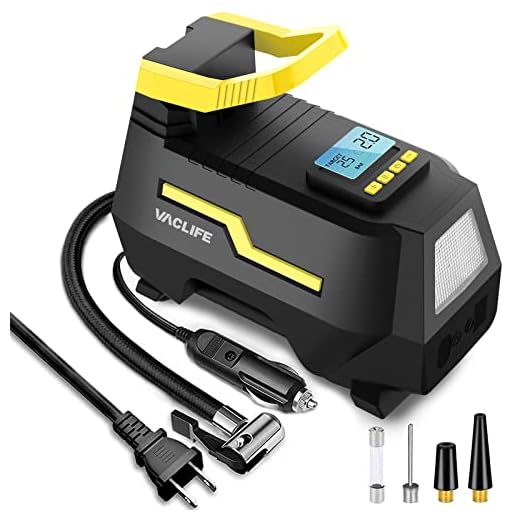 VacLife AC/DC 2-in-1 Tire Inflator - Portable Air Compressor, Air Pump for Car Tires (up to 50 PSI), Electric Bike Pump (up to 150 PSI) w/Auto Shut-Off Function, Model: ATJ-1666, Yellow (VL708)
