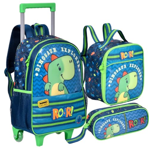Kit Mochila de Rodinhas Dinossauro Lancheira Térmica Estojo Escolar Infantil Menino