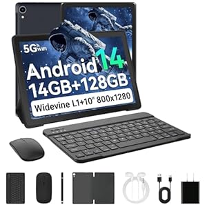 Laptok Android 14 Tablet 10 Pulgadas, 14GB +128GB+1TB, WiFi6/BT5.2/5000mAh, 8+5MP/1280 * 800/Widevine L1, Tablet PC con Stylus, Funda Protectora, Ratón Inalámbrico, Auriculares, Teclado Bluetooth