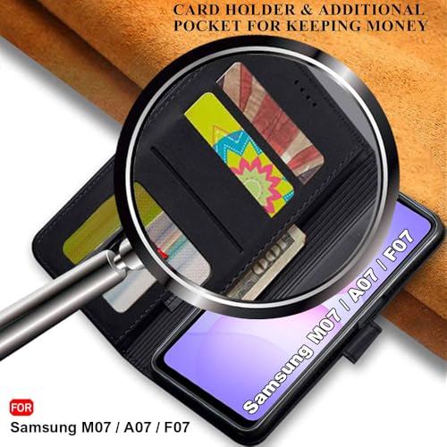 Image of TheGiftKart Flip Cover Back Case for Samsung Galaxy M07 / F07 | Genuine Leather Finish | Designer Button | Inbuilt Pockets & Stand | Wallet Style Flip Back Cover Case (Faux Leather, Black)