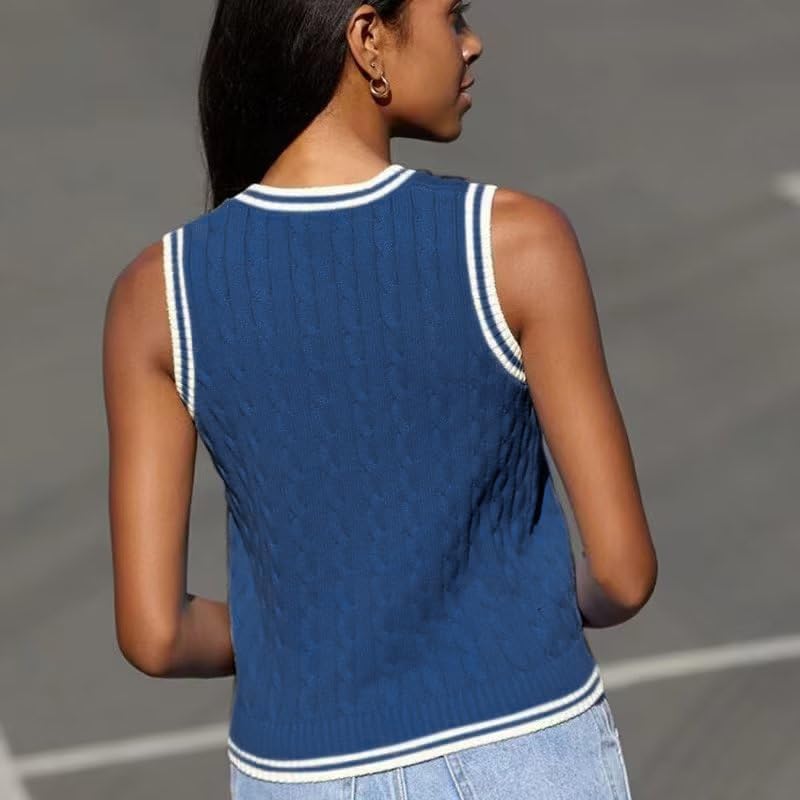 Womens Sweater Vest Cable Knit Casual V Neck Ribbed Preppy Pullover Tops Sleeveless - Image 3
