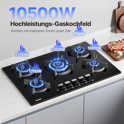WEHIMO Gaskochfeld 5 Flammig, Gasherd 77cm, Glas Einbau-Gaskochfeld Dicke 8 mm, Schwarz Gaskochfeld mit Automatischem Flammenschutz, Gas Stove für Erdgas oder LPG, 10500W, 127-240V – Bild 5