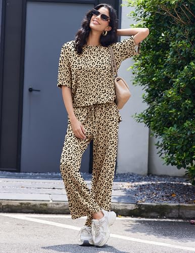 Image of Ekouaer Lounge Sets for Women Short Sleeve Tops and Long Pants Soft Comfy Pajamas Set 2 Piece Outfits
