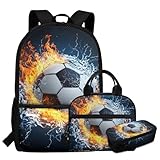 Tiasarato Juego de 3 bolsas de libros para niños de 2º grado de 8 años, mochila de hockey con lonchera de 17 pulgadas, mochila escolar primaria, Fútbol ardiente de agua