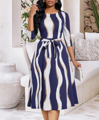 Image of Casual Dresses for Women Midi Church A-Line Fit and Flare Dress Crewneck 3 /4 Sleeve Party Dress