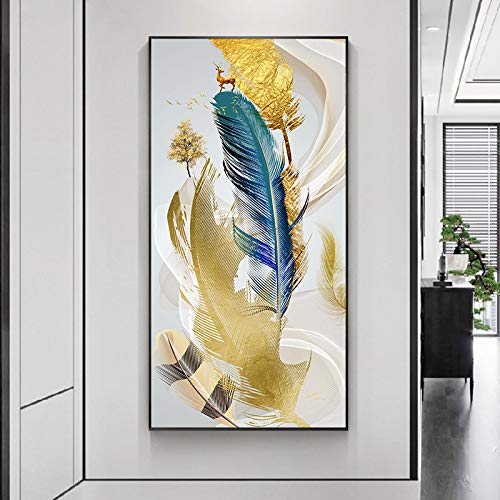 Art abstrait plume d'or imprimé sur grande toile pour illuminer un mur sombre