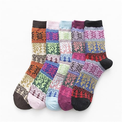 Image of Women Winter Socks 5 Packs Wool Socks Gifts for Mom Warm Vintage Soft Christmas Socks Thick Cold Knit Crew Socks