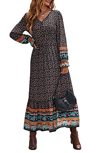 PRETTYGARDEN Long Sleeve Dress for Women - V-Neck Casual Boho Floral Vintage Fall Long Maxi Dresses (Black,X-Large)