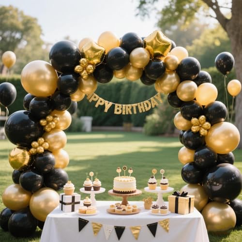 Image of 412Pcs Black and Gold Balloons Garland Arch Kit,18 12 10 5 Inch Different Size Black and Metallic Gold Balloons for Graduation Birthday Wedding Party Decorations