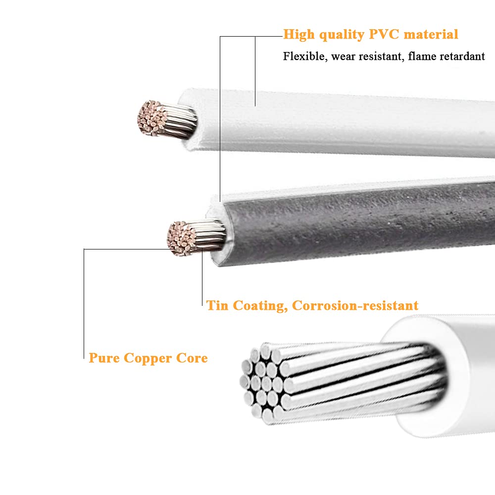 22/2 Gauge Hookup Electrical Wire 2pin 66FT White PVC Cable Extension Cord 12V/24V DC Cable, 22AWG 2 Conductor Flexible Low-Voltage Tinned-Copper Wire for LED Ribbon Lamp Car Audio Automotive Trailer