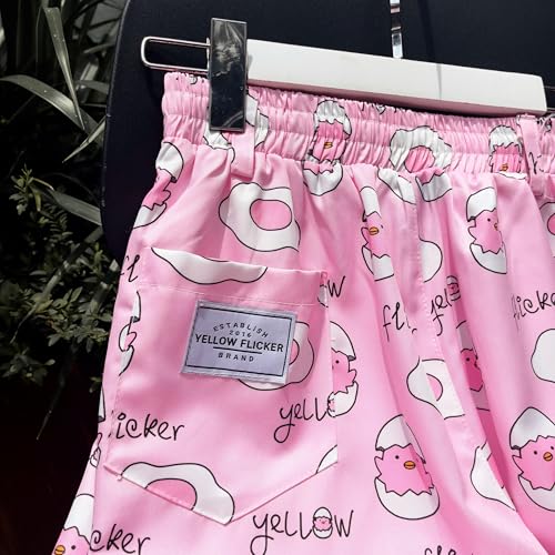 Silk Pajamas Set with Pockets Shorts Summer 2-piece outfit featuring cartoon cute print (US, Alpha, Large, Regular, Long, PINK)3