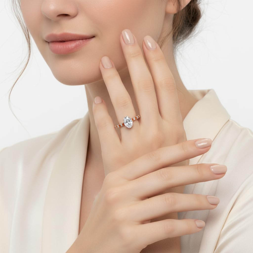 Choose Your Gemstone Oval Shape 14k Rose Gold Plated Halo Engagement Ring Hidden Petite Diamond CZ Affordable for Your Wife, Partner Wedding Ring : US Size 4 to 12