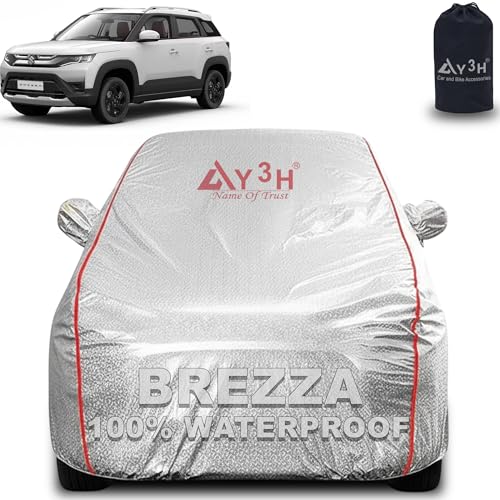 Image of 100% Waterproof Car Cover Compatible with Maruti Suzuki Brezza | All Weather, Dust Proof, UV Protective with Mirror Pocket (Silver Magic)