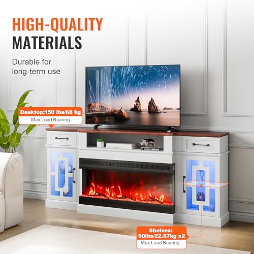 Image of VEVOR 3-Sided Glass Fireplace TV Stand, for TVs up to 80 inch, with 20 LED Lights, Remote Control, and Timer, 70 inch Large Entertainment Center with 36 inch Electric Fireplace, Glass Door Storage Cabinet, White