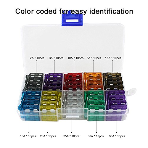 Yorten Fusíveis de lâmina padrão de carro de sortimento 100 unidades 2A 3A 5A 7,5A 10A 15A 20A 25A 3