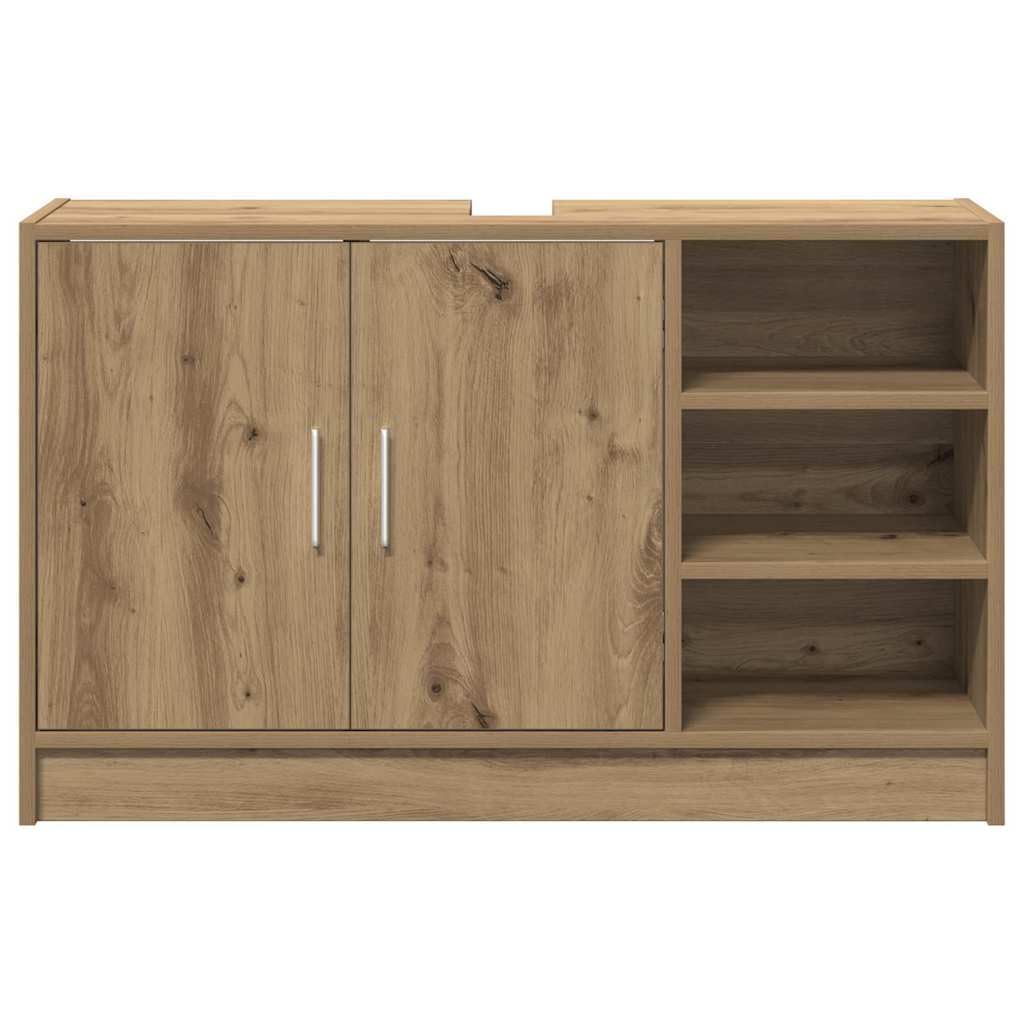 Meuble de Salle de Bain en Bois d'ingénierie Chêne Artisanal 90 x 29 x 55 cm avec Rangement, Portes suspendues, poignées en Argent pour Salle de Bain Moderne et Pratique