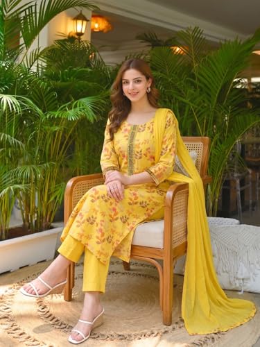 Image of ANNI Designer Women's Cotton Blend Printed Straight Kurta Set with Pant and Dupatta | Ethnic Casual Traditional Kurti Set for Women
