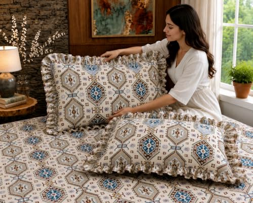Image of Fitted Bedsheet Queen Size 300 TC Soft Cotton Feel Microfiber All Around Elastic Fitted Double Bedsheet with 2 Frill Pillow Covers | Size (60x78) Blue Traingle