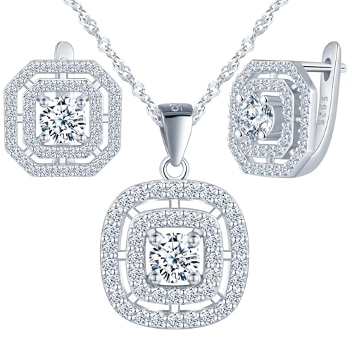 Yumilok Brillante 925 plata esterlina cuadrada, redonda, zirconia, cristal, clavos para los oídos, collar colgante de mujer, juego de joyas 925 plata esterlina