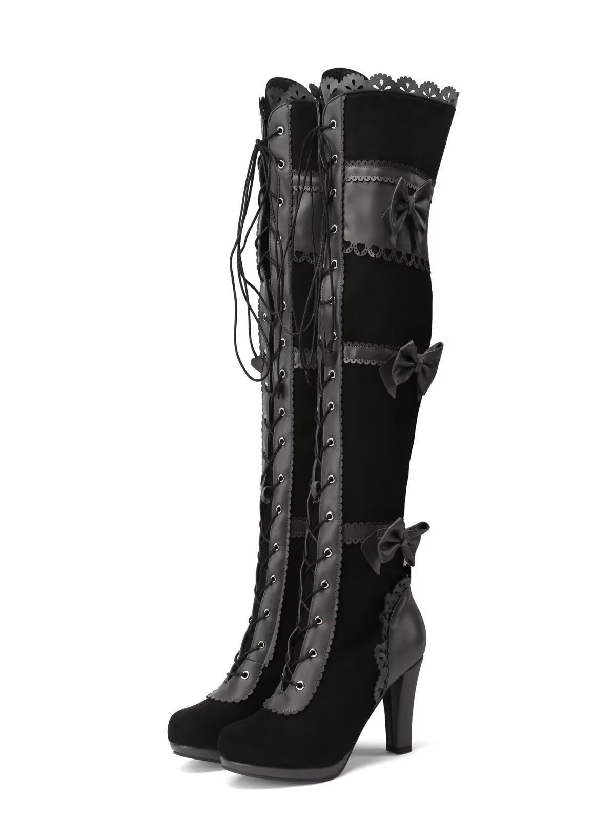 Women Lace Gothic Bow Thigh High Boots Chunky Block High Heel Lace Up Round Toe Victorian Over the