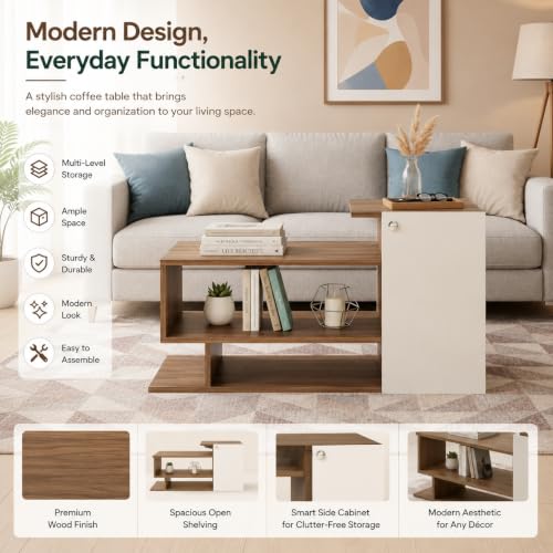 Image of FURNEASER Hanoi Modern Engineered Wood Coffee Table with Door & Storage Shelves | Center Table for Living Room & Sofa Area | Multi Level Open Rack Design | DIY Furniture (Exotic Teak & White)