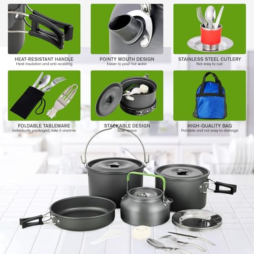 MEETSUN Camping Cookware Set - 37 PCs, Large Size Hanging Pot with Camping Pots and Pans, Camp Cooking Set for 6 People, Mess Kit with Cups, Dishes, Forks, Spoons, Knives for Outdoor Picnic - Image 4