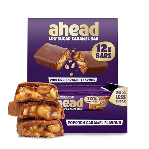 ahead Popcorn Caramel | 12x 38g Schokoriegel | 1,9 g Zucker pro Riegel | Knusprige Haselnüsse & Karamellgeschmack | Low carb Süßigkeiten ohne Palmöl