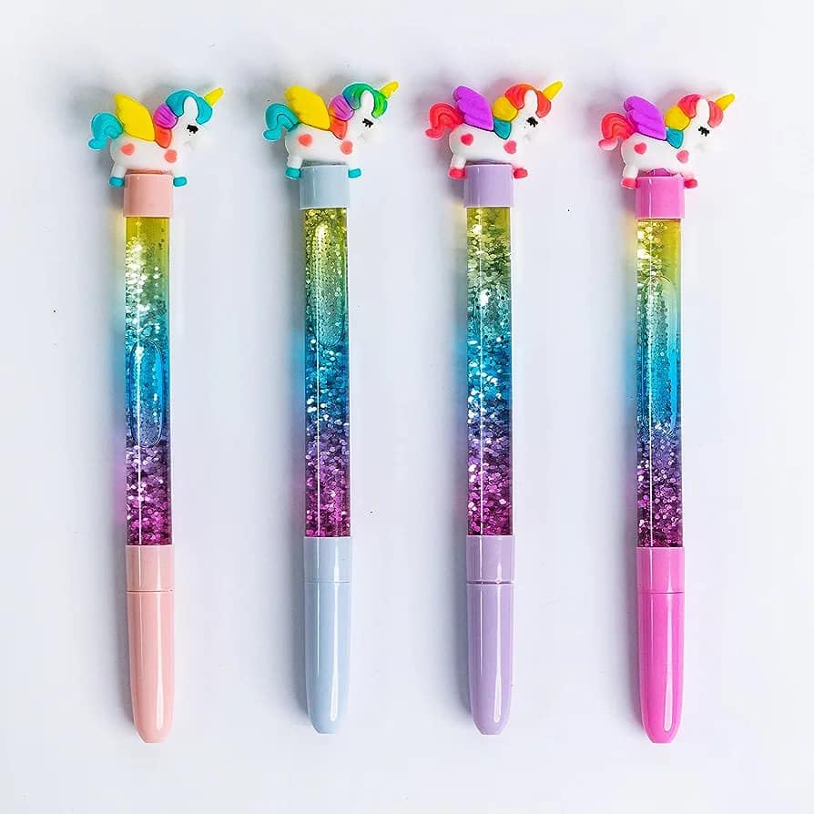 Pack of 2 Multicolor Unicorn Pen Cartoon Pen Rainbow Sparkles Pen Water Glitters Amazing Gift for Kids
