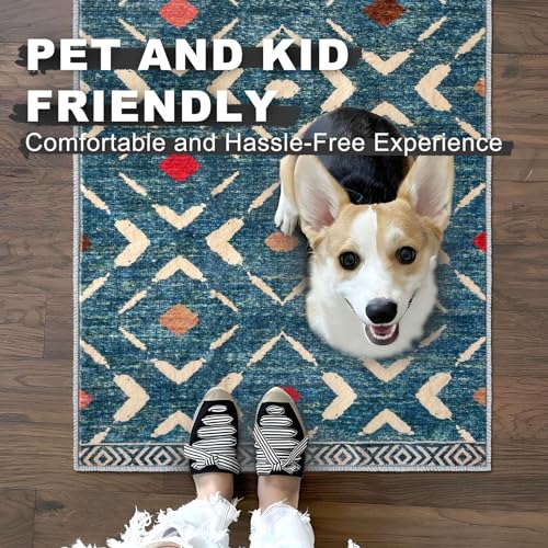 KILOCOCO Hallway Runner Rug 3x10 Runners for Hallways Washable Runner Soft Non Slip Printed Geometric Rubber Backed Low-Pile Rug Runners for Bedroom Kitchen Living Room Boho Rugs, Teal/Blue