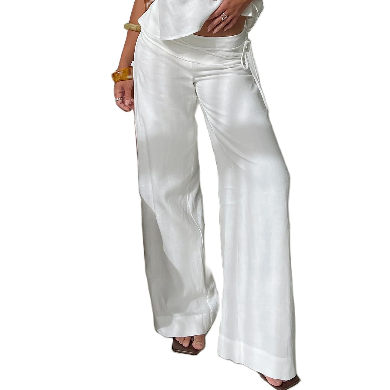 SOLILOQUY Women Y2K Tie-up Waist Pants Low Rise Striped Wide Leg Relaxed Fit Palazzo Trousers Casual Lounge Pants