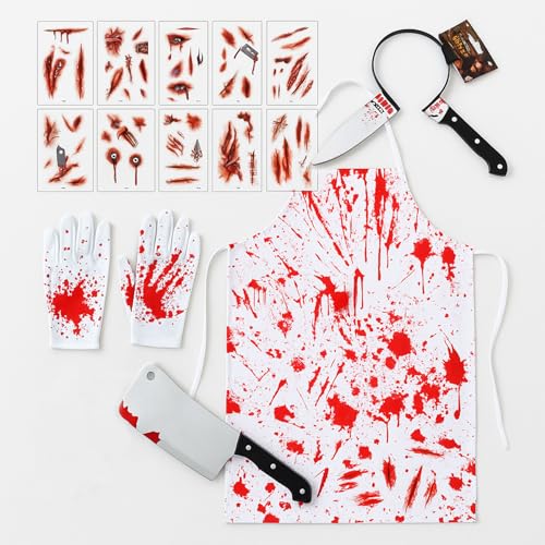 GWAWG - Conjunto de disfraz de carnicero de Halloween para hombres y mujeres, set 5 en 1 con delantal ensangrentado, set de cuchillo falso, tatuajes, guantes, disfraz de cocinero aterrador, asesino en